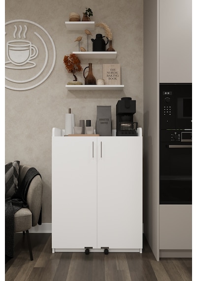 Asra Trend MK-08 %100 MDF 80x102 cm Çok Amaçlı Mutfak Kiler Dolabı Kapak İçi Raflı Kahve Köşesi Beyaz