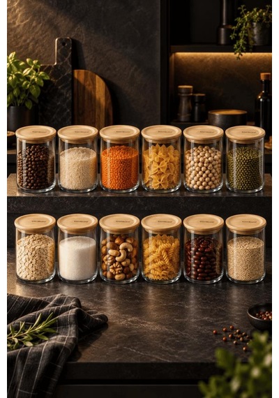 Bambum Duo 12'li Bambu Kapaklı Cam Erzak Kavanozu Seti 900 Ml - Vakumlu Kiler Bakliyat Ve Baharat Saklama Kabı Ahşap - Şeffaf