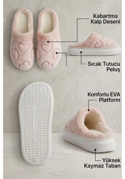 Unisex Ultra Hafif Yumuşak Peluş Kaymaz Taban Anne Çocuk Misafir Pembe Kalp Desenli Ev Terliği 5808 Unisex Ultra Hafif Yumuşak Peluş Kaymaz Taban Anne Çocuk Misafir Pembe Kalp Desenli Ev Terliği 5808