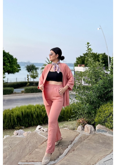 İpli Somon Renk Cep Detaylı Bol Paça Kimono Takım Somon