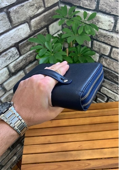 Guard Çift Fermuarlı Lacivert Hakiki Deri El Çantası Erkek / Kadın P3031 Lacivert