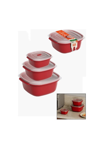 Kırmızı Kare Saklama Kabı Seti 550/1100/2200 Ml Diğer