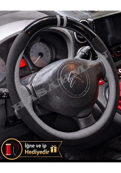 Citroen C3 A51 Dikme Direksiyon Kılıfı Parlak Siyah Gri Detaylı Gri Çift Yüzük Ve Dikiş 2009-2016
