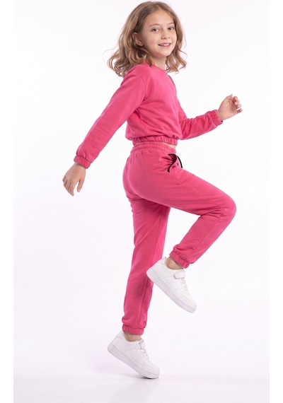 Fyk Kids Kız Çocuk Yuvarlak Yakalı Cep Biye Detaylı Düz Baskısız Paça Lastikli Alt Üst Eşofman Takımı Fuşya