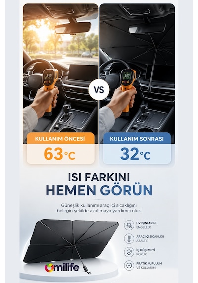 Katlanabilir Araç Ön Cam Güneşliği Şemsiye Tip Oto Güneş Koruyucu 130 X 70 Cm