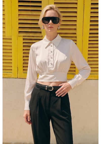 Sateen Düğme Detaylı Saten Bluz - Ekru-137516
