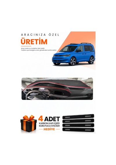 Volkswagen Caddy 2022-2026 Uyumlu Torpido Koruma Örtüsü Oto Kılıfı - Siyah Kırmızı