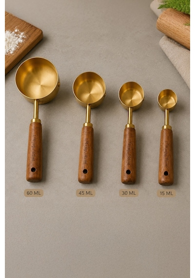 4lü Set Ml Ahşap Saplı Gold Kahve Ölçü Kaşığı Paslanmaz Çelik Kahve Çay Mama Ölçme Kaşığı Altın