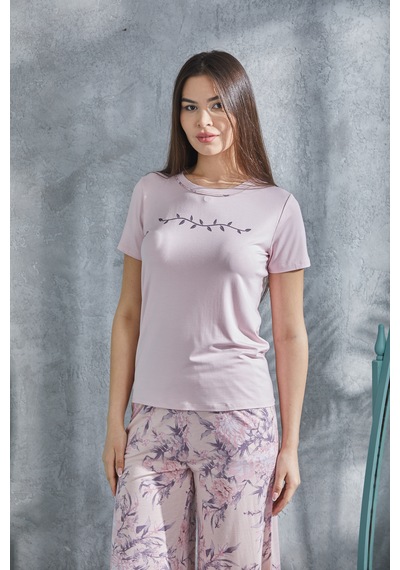 Lılac Kadın Çiçek Desenli %100 Viscon Capri Pijama Takımı Pudra Pembe