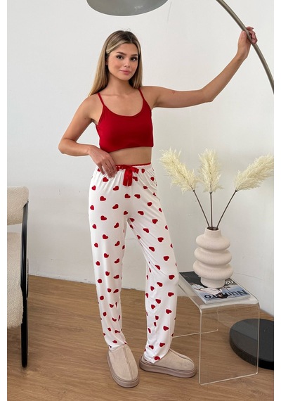 Giysa Kadın Beli Lastikli Kalp Desenli Pijama Altı Beyaz - 26y 4522