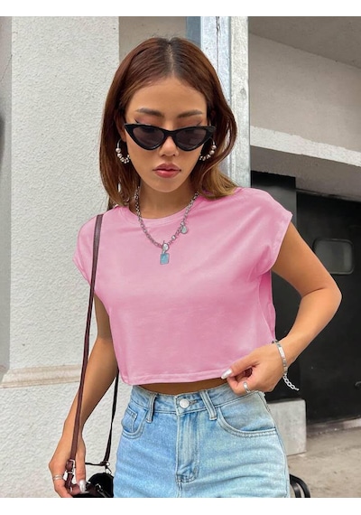 Bisiklet Yaka Düşük Kol Crop T-şhrt Pembe