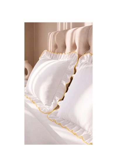 %100 Pamuk Overloklu Fırfırlı Çift Kişilik Nevresim Takımı Lastikli Çarşaflı 200x220 Cm Sarı - 904804703 Sarı