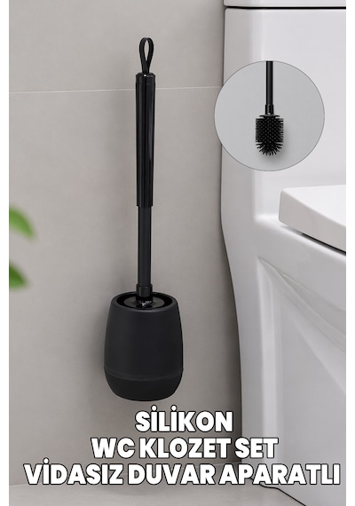 Silikon Klozet Ve Wc Fırçası - Paslanmaz Alüminyum Sap - Vidasız Duvar Askılı Güçlü Yapışkan Siyah