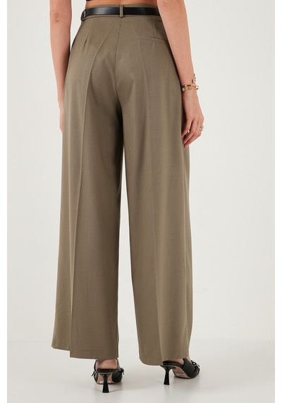 Lela Pileli Wide Leg Yüksek Bel Geniş Paça Kemerli Palazzo Bayan Pantolon 68351070 Karamel