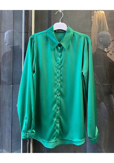 Pera Moda Büyük Beden İpek Saten Klasik Gömlek Benetton Yeşili