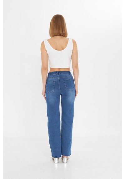 Kutaf Mavi Yüksek Bel Kar Yıkama Likralı Geniş Paça Palazzo Jeans Mavi