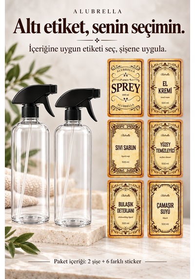 Alubrella 2 Li 500 Ml Şeffaf Boş Sprey Şişe Seti Ve 6 Lı Genel Amaçlı Etiket Amber