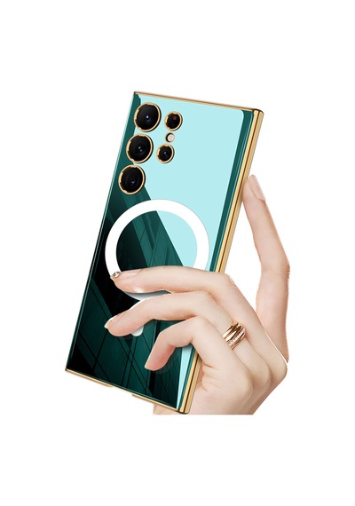 Galaxy S23 Ultra Kılıf Wireless Şarj Özellikli Kenarları Elektroplating Kaplama Aynalı Zore Kent Kapak Yeşil