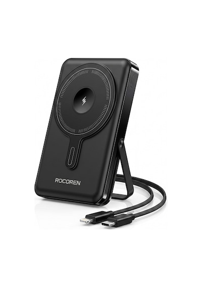 Rocoren 10000mah Magsafe 15w Kablosuz Powerbank Lightning Ve Type-c 22.5w Kablolu Standlı Taşınabilir Hızlı Şarj Cihazı siyah