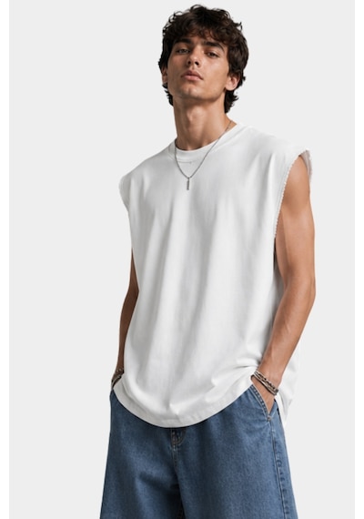 Thiff Erkek Oversize Kolsuz T-shirt Tişört Atlet Beyaz