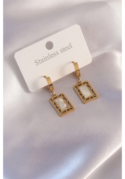 Çelik Gold Renk Kare Kadın Küpe Çok Renkli