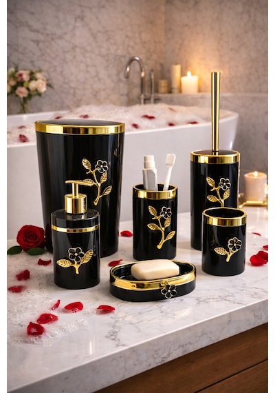 Arvale Çiçek Desenli Pleksi Gold Detaylı Siyah 5 Li Banyo Seti