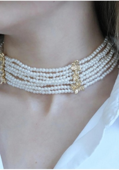 Lunarie Çok Sıralı İnci Choker Kolye 14k Gold Ara Detaylı Vintage Beyaz