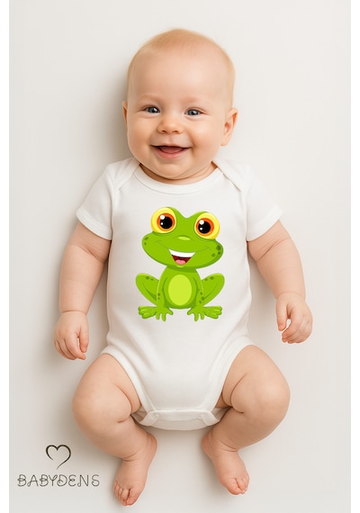 Babyden's %100 Pamuklu Sevimli Hayvan Figürlü Bebek Body Unisex Çıtçıtlı Kısa Kollu Zıbın Kurbağa Beyaz