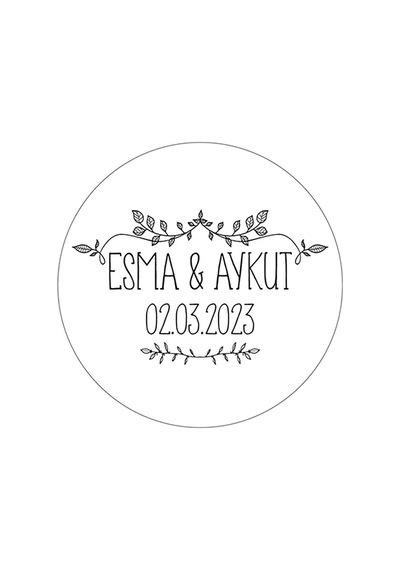 Çiçek Desenli Etiket Modeli, Düğün Hediyelik Etiket 5cm - 40 Adet Opak Sticker Siyah - Beyaz