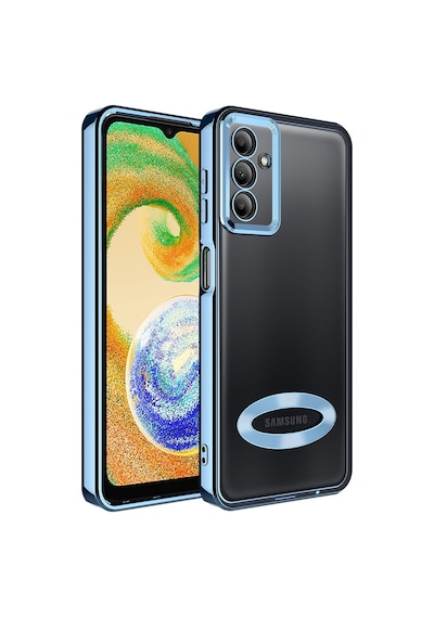 Fibaks Galaxy A04s/m13 Uyumlu Kılıf Kamera Lens Korumalı Şeffaf Renkli Logo Gösteren Parlak Kapak Mavi