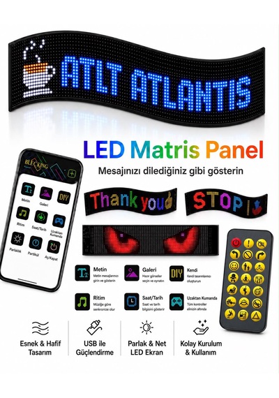 Led Matris Panel Mesajınızı Emojinizi Dilediğiniz Gibi Gösterin Araba Dükkan Cam Ofis Cafe İçin Uygun Elektirikli Kumandalı Uygulamadan Kontrol