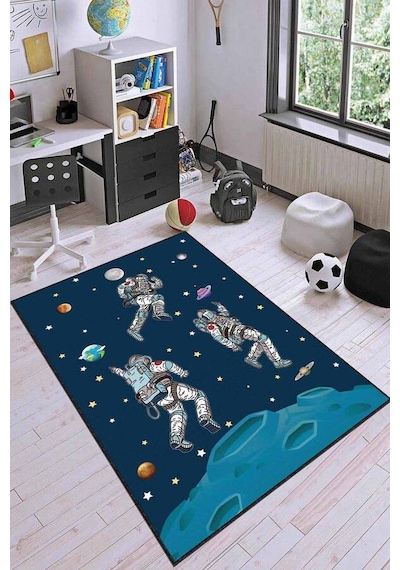 Lacivert Kaymaz Tabanlı Uzay Astronotlu Çocuk Halısı Ar742n11