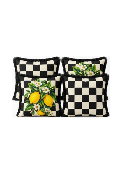 Damalı Limon Desenli 4 Lü Saçaklı Kırlent Kılıfı 45 x 45