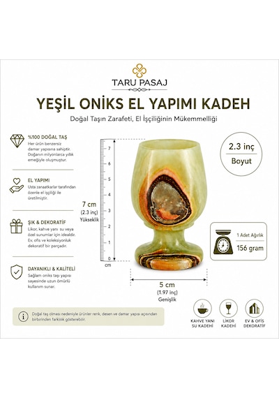 Yeşil Oniks El Yapımı Kadeh 2x3 İnç Doğal Taş Likör Kadehi Kahve Yanı Su Bardağı Dekoratif Kadeh