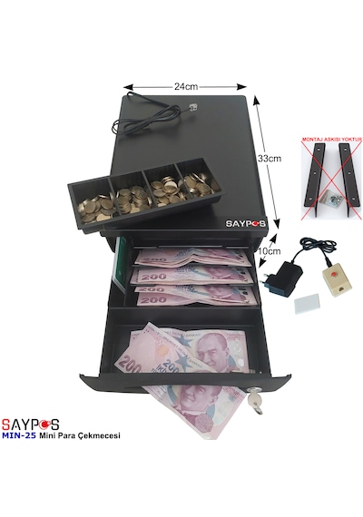 Kolay Açma Buton Ve Adaptörlü Düğmeden Açılır Mini Para Çekmecesi 24x33x10cm
