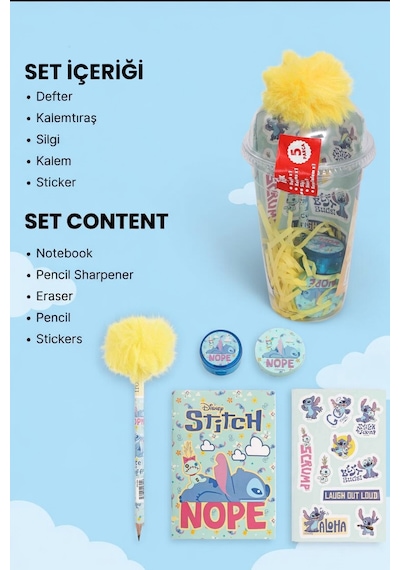 X Dekomus Lisanslı Stitch Aloha Dream Cup 5 Parça Kırtasiye Seti Sticker, Tüylü Kalem "dekomus Cep Defteri Hediyeli" Altın