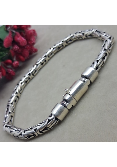 925 Ayar Gümüş Özel Kutu Kilitli Yuvarlak 5 Mm Kral Bileklik Gümüş