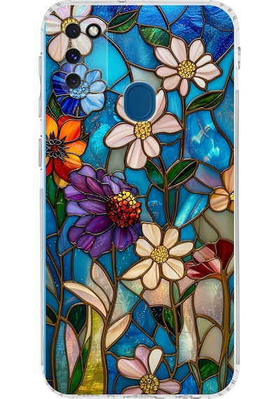 Printify Samsung Galaxy M30s İle Uyumlu Vitray Mavi Bahar Tasarımlı Şeffaf Silikon Kılıf Şeffaf