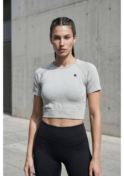 Woneagle Tshirt Kısa Kol Spor Crop Top Dikişsiz Açık Gri Gri