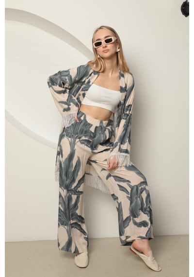 Chıcnhappy Viskon Kumaş Empirme Kadın Kimono Takım Gri 24pn5090012 Gri