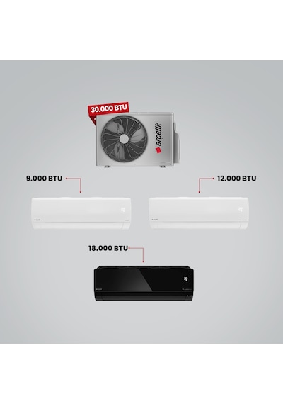 Arçelik 1+3 Multi Sistem 30100 MD Pro Dış Ünite 9 BTU Beyaz + 12 BTU Beyaz + 18 BTU Siyah İç Üniteler Duvar Tipi Klima