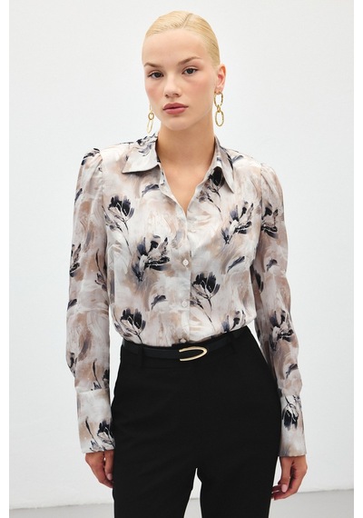 Sateen Vatkalı Desenli Gömlek - Gri-136407 Gri