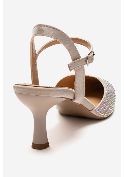 Luvishoes Vilka Ekru Saten Taşlı Kadın Sivri Burun İnce Topuklu Abiye Ayakkabı