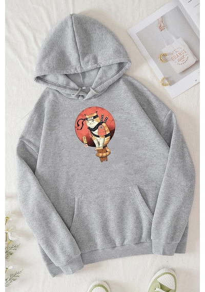 Uyguntarz Unisex Shinobi Kedi Baskılı Sweatshirt Gri