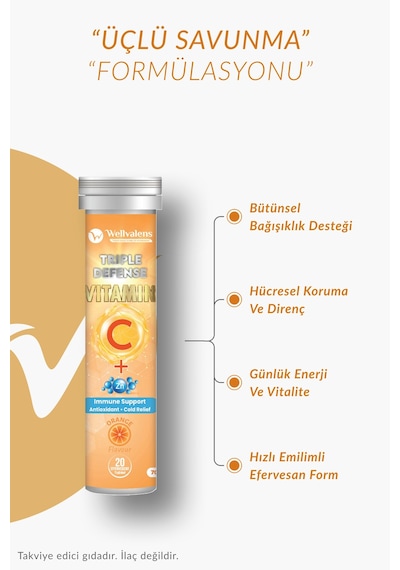 Triple Defense Efervesan Tablet 1000 Mg C Vitamini Çinko D3 Portakal Aromalı 20 Tablet