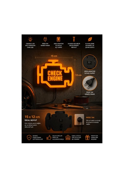 Check Engine Led Lightbox Dekoratif Motor Arıza Lambası Duvar Dekoru 15x12 Cm Turuncu