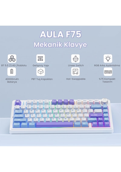 Aula F75 Mekanik Rgb Tkl Star Vector Switch Kablosuz Makrolu Hot Swap Klavye Mor