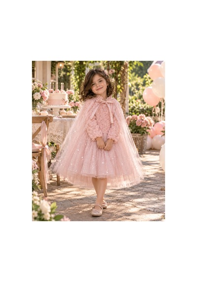 Ministok Shine Rose Pelerinli Kız Çocuk Özel Gün Elbisesi Pembe