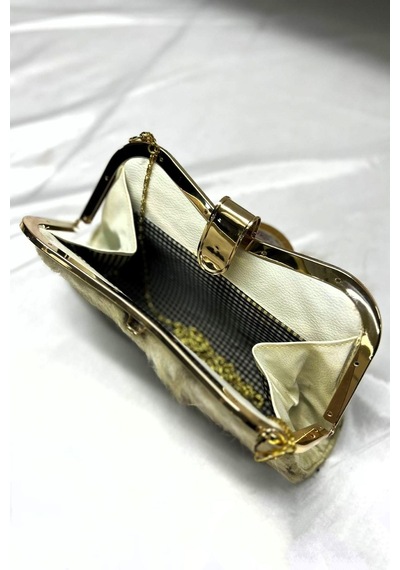 Kadın Bej Suni Kürk Zincirli El Ve Omuz Clutch Portföy Çanta - Bej