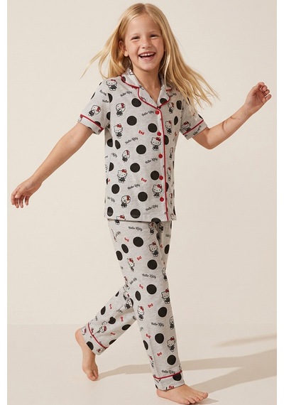 Siyah İnci Hello Kitty Lisanslı %100 Pamuk Pembe Çok Renkli Düğmeli Biyeli Pijama Takım 26120451 Gri Melanj
